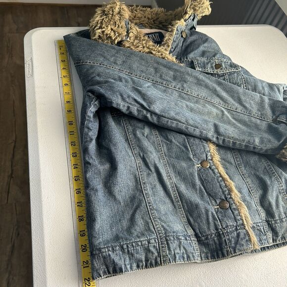 Armi Womens Jacket Medium Blue Fur Trim 100% Cotton Denim Lined Warm Hippie - Picture 8 of 9